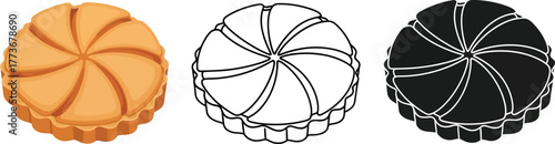 Three illustrations of a pie with a swirl design on top