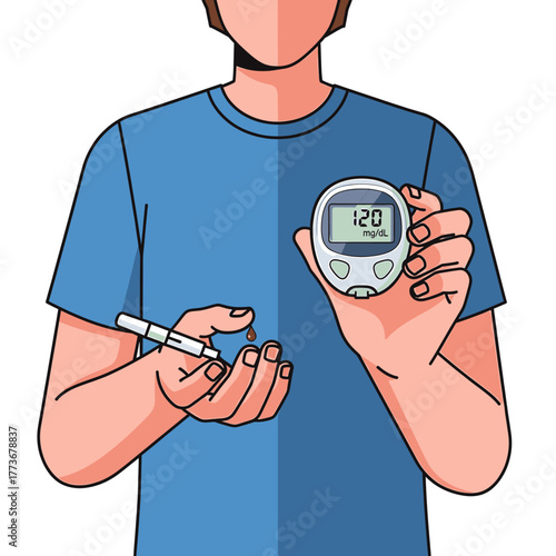 Detailed illustration of a person self-monitoring blood glucose levels using a modern glucometer and lancing device for effective diabetes management and proactive health monitoring
