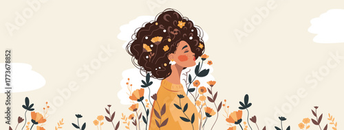 Woman with flowers in her hair on gentle pastel beige pink background. Happy Women's Day. Happy Mother's Day. Vector horizontal holiday banner with place for text. Feminism concept, women empowerment
