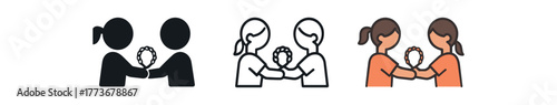 kids sharing friendship bracelets icon on white background Black silhouette flat icon outline icon and colored icon style. 1x3 grid. three minimal vector icon style. centered composition