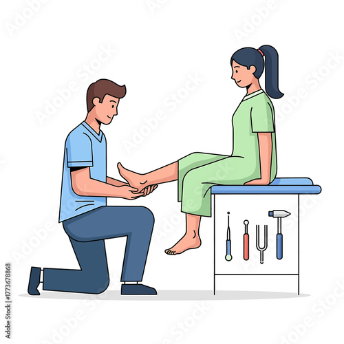 Medical Professional Examining Patient's Knee with Reflex Hammer and Tuning Fork