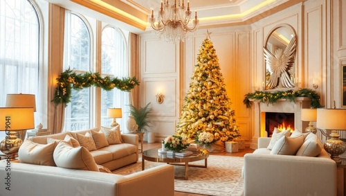 Elegant Christmas tree sparkles in cozy living room