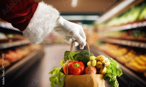 Santa's hand holding a bag full of food in supermarket © Davizro Photography
