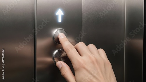Person pressing the up button on an elevator panel.