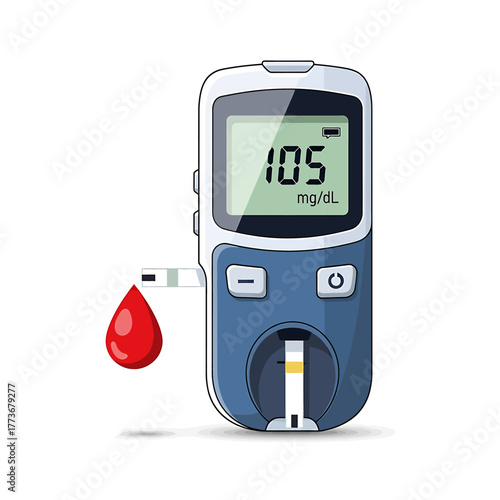 Digital blood glucose meter displaying a healthy sugar level, a vector icon representing diabetes management and healthcare technology