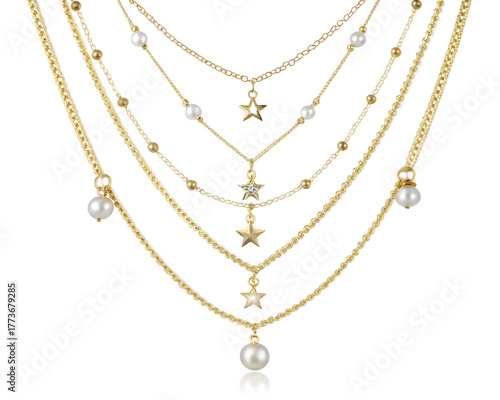 Wallpaper Mural Ultra-Realistic 3D Layered Gold Necklaces with Pearls and Charms on White Transparent Background Torontodigital.ca