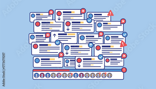 A busy social media feed overflowing with posts notifications and red flags highlighting misinformation.