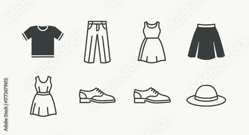 Set of clothing icons minimalist line art illustration for fashion apparel and retail design isolated on a clean background