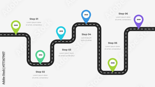 Roadmap Timeline Vector Infographic with 6 Milestones. Path Diagram with Pin Markers for Project Planning, Yearly Development, and Business Strategy