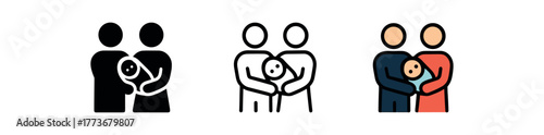 partners holding newborn icon on white background Black silhouette flat icon outline icon and colored icon style. 1x3 grid. three minimal vector icon style. centered composition clear white