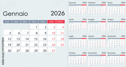 Clean Minimalist 2026 Yearly Calendar Grid Layout, on Italian language