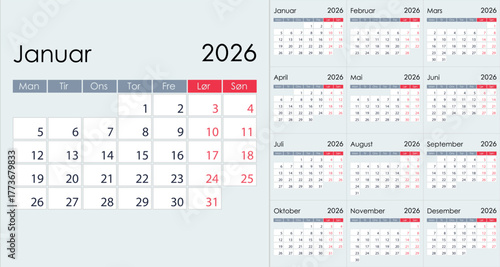Clean Minimalist 2026 Yearly Calendar Grid Layout, on Norwegian language