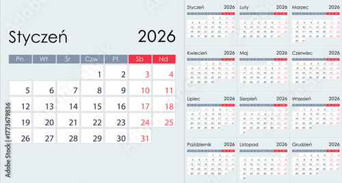 Clean Minimalist 2026 Yearly Calendar Grid Layout, on Polish language