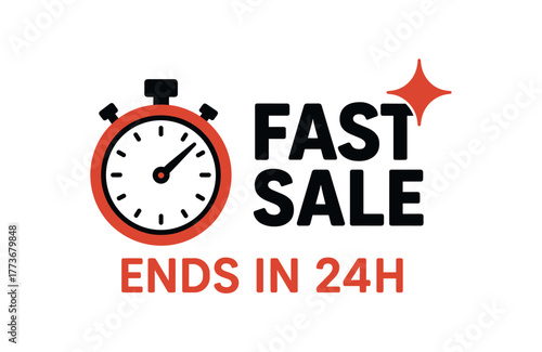 Flat vector banner design stopwatch and spark icon near text FAST SALE subtext ENDS 24H red and black palette isolated on white marketing approved bright palette with balanced saturation