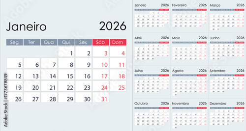 Clean Minimalist 2026 Yearly Calendar Grid Layout, on Portuguese language