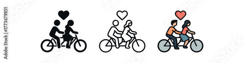 romantic bicycle ride icon on white background Black silhouette flat icon outline icon and colored icon style. 1x3 grid. three minimal vector icon style. centered composition clear white