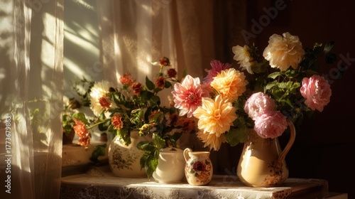 Vibrant floral arrangement in natural light setting on windowsill display