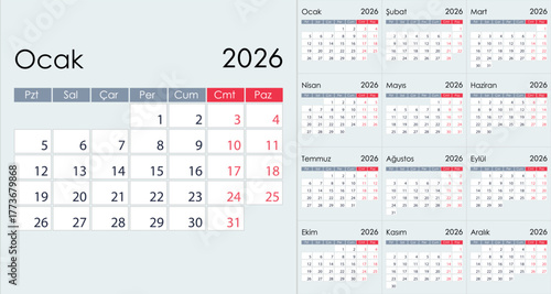 Clean Minimalist 2026 Yearly Calendar Grid Layout, on Turkish language