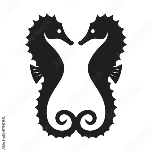 Elegant black silhouette of two seahorses facing each other with intertwined tails forming a heart shape symbolizing love and marine life in a simple graphic design