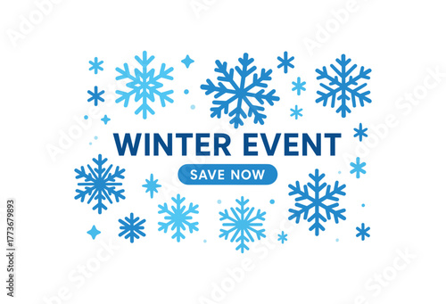 Flat vector banner design snowflake crystal pattern text WINTER EVENT subtext SAVE NOW blue and white tones isolated on white marketing approved bright palette with balanced saturation