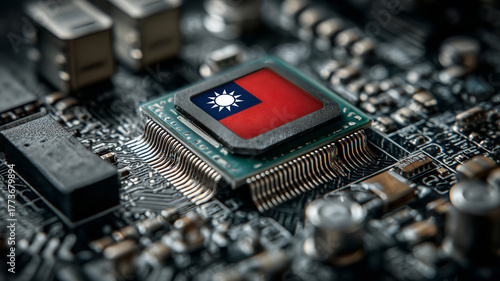 Taiwan flag on computer chip captures modern technology and identity