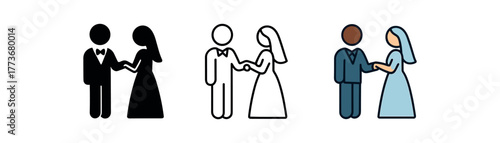 partners exchanging rings icon on white background Black silhouette flat icon outline icon and colored icon style. 1x3 grid. three minimal vector icon style. centered composition clear