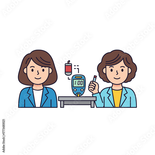Healthcare professionals illustrating the process of monitoring blood sugar levels for diabetes management using a glucometer