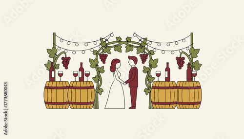 A romantic vineyard wedding surrounded by grapevines rustic wooden barrels and winethemed decor fostering a cozy and intimate setting.