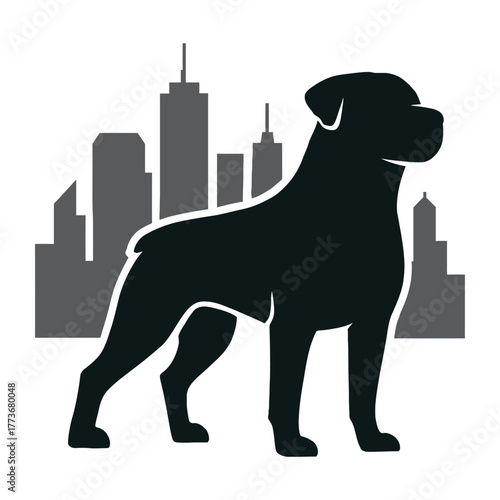 Silhouette of a powerful rottweiler dog standing in front of a stylized city skyline with tall buildings creating a modern urban backdrop