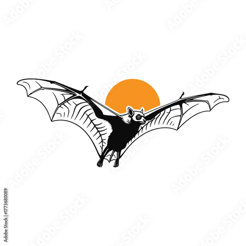 A striking silhouette of a bat with outstretched wings flying against a vibrant orange full moon evoking a sense of mystery and halloween spirit