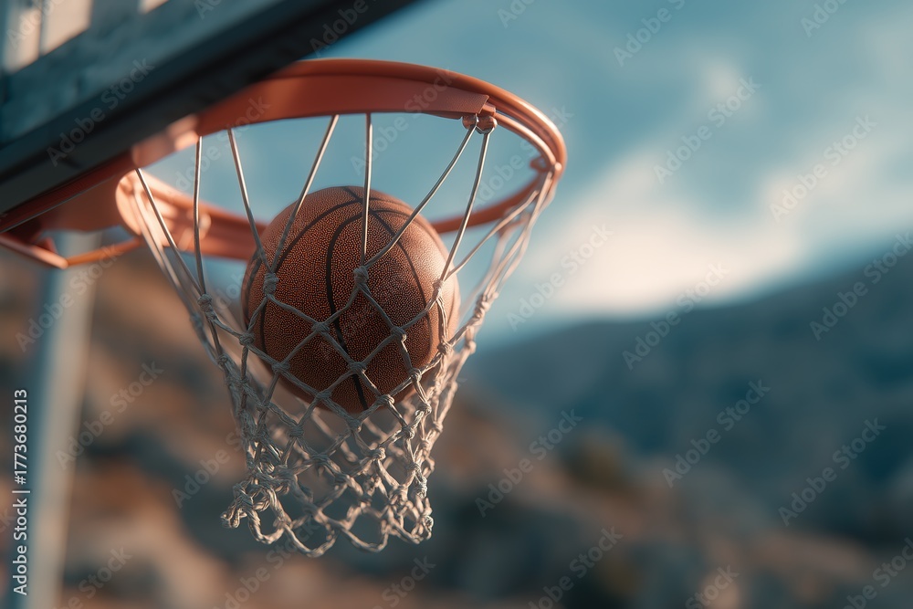 Fototapeta premium Dynamic action of ball swishing through basketball net, outdoor court setting, illustrating victory and team sports themes