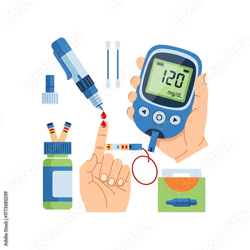 Medical illustration depicting a person checking blood glucose levels with a blood glucose meter and supplies