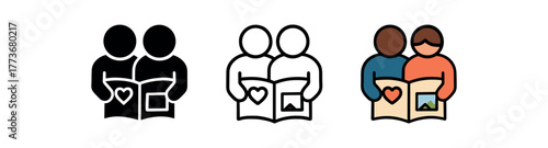 partners creating scrapbook icon on white background Black silhouette flat icon outline icon and colored icon style. 1x3 grid. three minimal vector icon style. centered composition clear