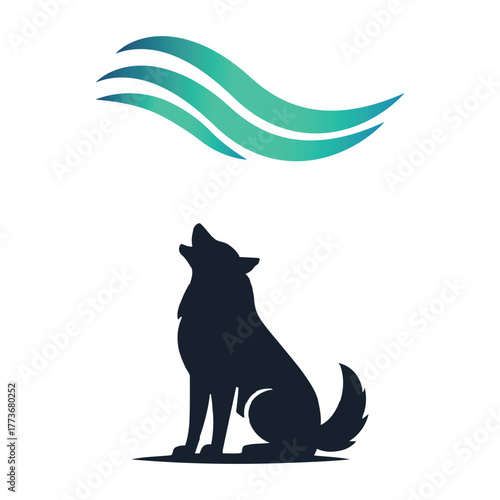 Silhouette of a wolf howling at a stylized green wave or wind symbol against a white background representing nature spirit and power