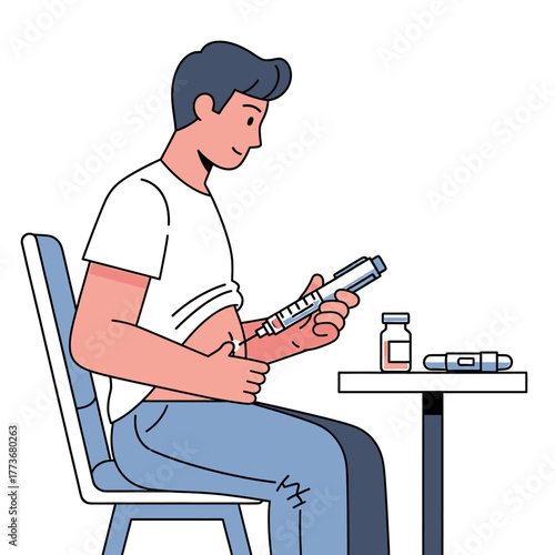 Illustration of a person administering insulin injection with a pen device and vial on a table, symbolizing diabetes management and healthcare