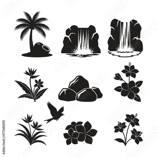 Collection of black silhouette illustrations featuring tropical elements such as palm trees waterfalls rocks and exotic flowers and a bird in flight perfect for nature themed designs