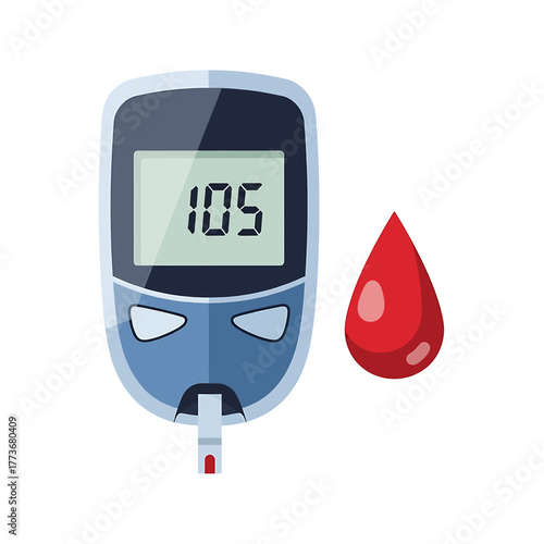 Digital glucometer displaying a normal blood sugar level of 105 with a drop of blood, illustrating diabetes management