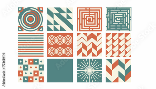 A grid of colored squares where each segment contains a different geometric pattern playing with texture and visual complexity.