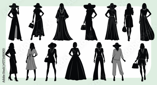 Set of female fashion silhouette illustrations diverse women wearing dresses and suits design for style guides and fashion blogs