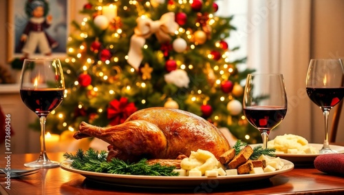Celebrate Christmas dinner with wine and turkey