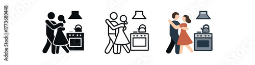 partners dancing kitchen icon on white background Black silhouette flat icon outline icon and colored icon style. 1x3 grid. three minimal vector icon style. centered composition clear white