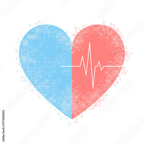 Heart Health Vector Illustration with EKG and Blue and Pink Heart Halves