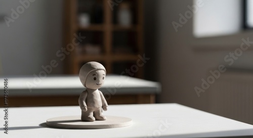 Small, handcrafted clay figurine of a child stands on a circular base