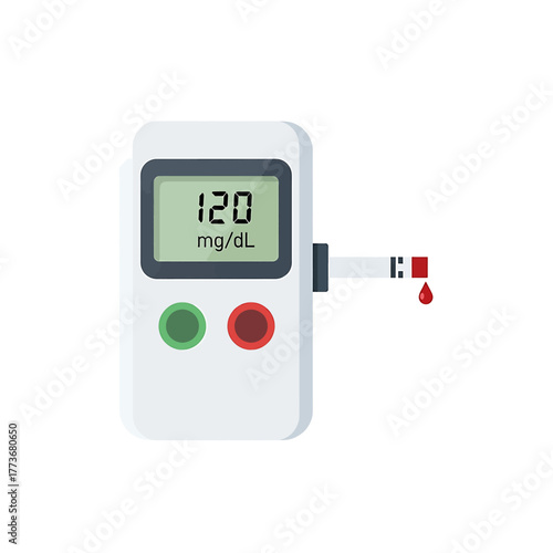 Close-up of a blood glucose meter displaying 120 mg/dL, symbolizing health monitoring and diabetes management