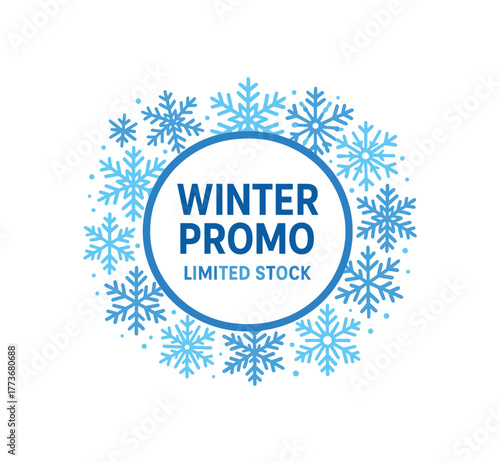 Flat vector banner design snowflake circular frame text WINTER PROMO subtext LIMITED STOCK blue white palette isolated on white marketing approved bright palette with balanced saturation