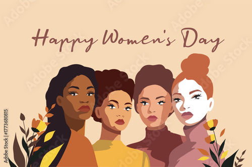 Vector greeting card with Happy Women's Day. Women of different races and skin colors stand together on floral background. For banner, advertisement, website, postcard. Women empowerment