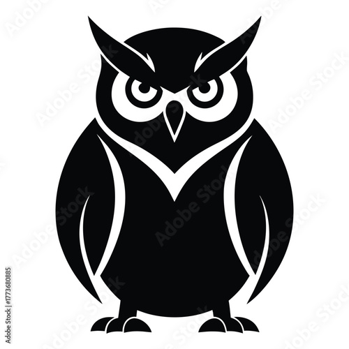 Stylized owl illustration in black and white with piercing gaze design stylized owl