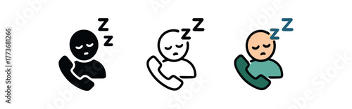 falling asleep on call icon on white background Black silhouette flat icon outline icon and colored icon style three minimal vector icon style