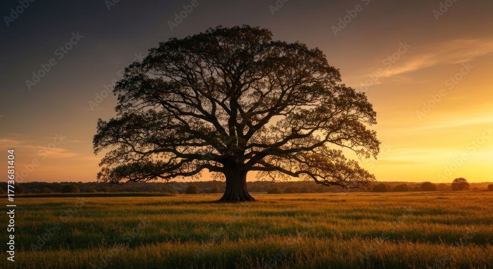 Obraz premium Solitary majestic tree in a field at sunset