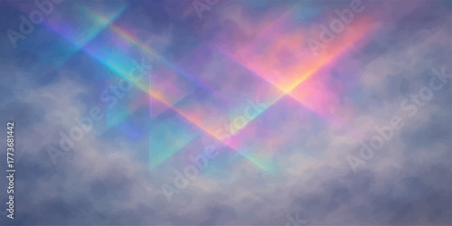 Bright summer sunlight illuminates the beautiful clear blue sky with fluffy white clouds and a vibrant rainbow